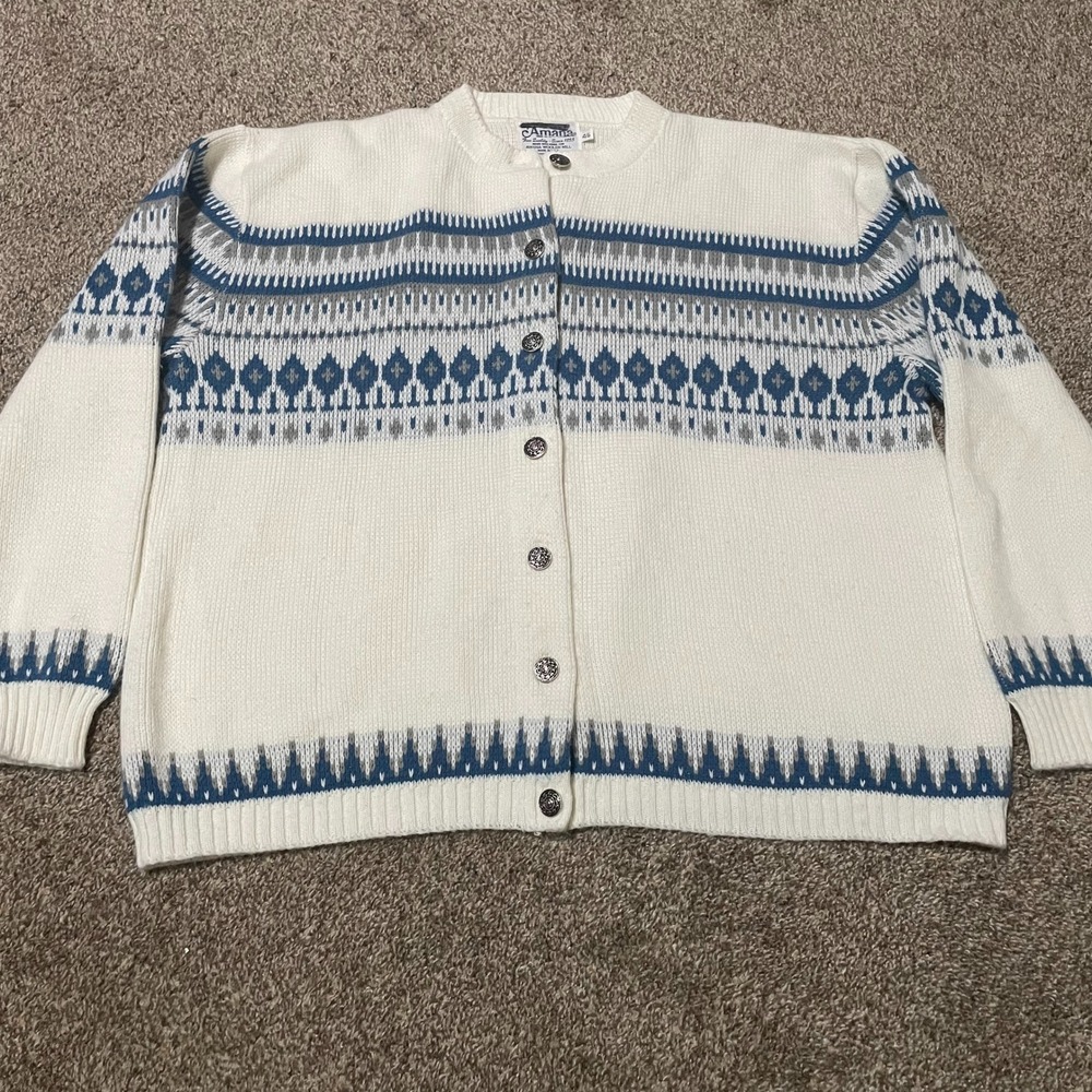 Amana Woolen Mill Vintage Cardigan Nordic Fair Isle Sweater Blue Gray White lg
